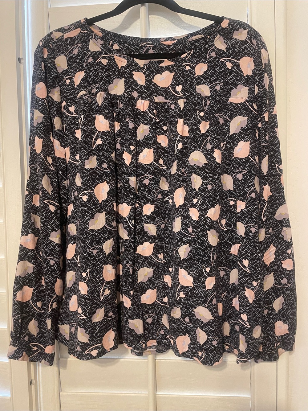 LOFT Black Long-Sleeve Floral Print Top with Blush Flowers